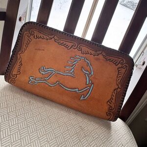 Brown Country Western Tooled Leather Clutch Blue Horse Cowgirl